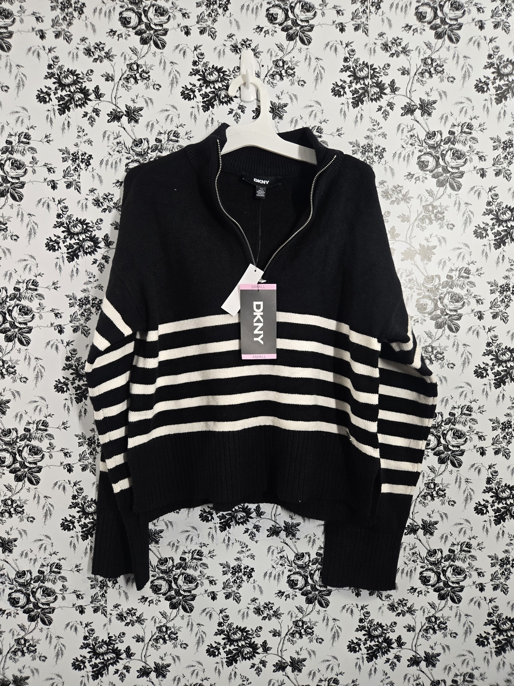 DKNY Black & White Striped Half-Zip Cowl Sweater